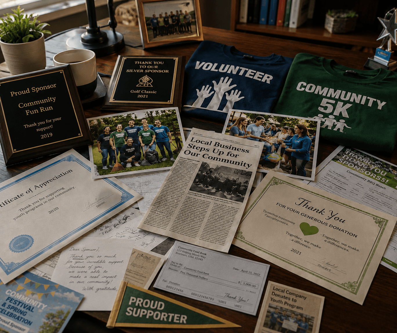 Sponsorship plaques, volunteer shirts, community photos, certificates, and thank-you letters — the story of a business's community impact